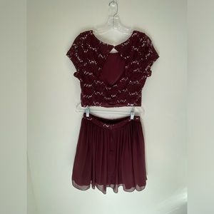 Speechless 2 Piece Burgundy Lace Crop Top Short Ball gown Mini Skirt Open Back
